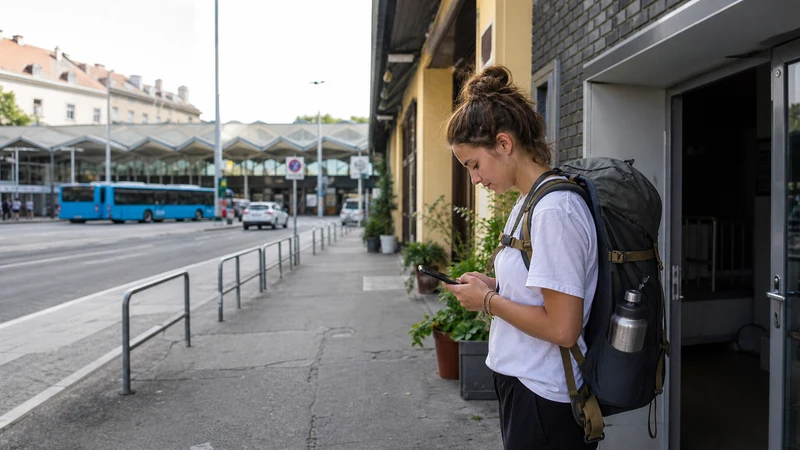 Budget traveller checking transport details near a Zagreb hostel.