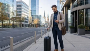 Business traveller checking mobile data in Zagreb.