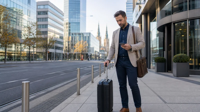 Business traveller checking mobile data in Zagreb.