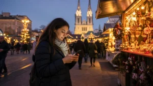 Visitor checking a phone at a Zagreb Christmas market.