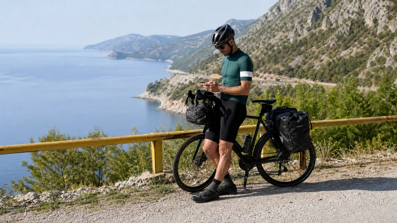 Touring cyclist checking a phone beside a Croatian coastal route.