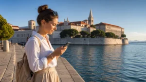 Traveller adjusting Android mobile settings beside Zadar’s waterfront.