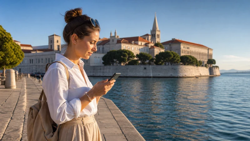 Traveller adjusting Android mobile settings beside Zadar’s waterfront.