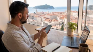 Traveller reviewing smartphone network settings above Dubrovnik’s old town.