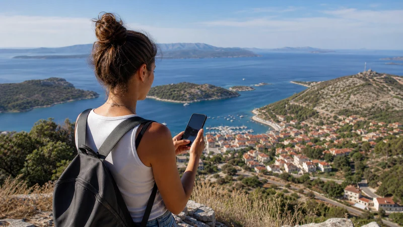Traveller checking mobile coverage above a Croatian island harbour.