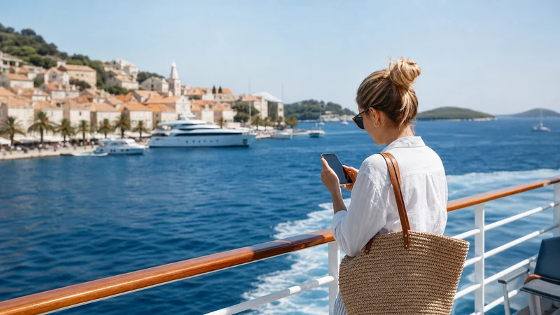 Traveller using a smartphone on an Adriatic ferry approaching Hvar harbour.