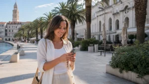 Traveller configuring a smartphone along Split’s waterfront promenade.