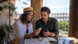 Two travellers comparing a smartphone and pocket WiFi device near Pula’s amphitheatre.