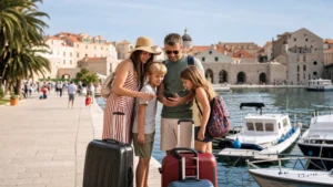 Family travellers using a phone on a Croatian harbour promenade.