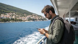 Passenger using mobile data on a Croatian ferry.