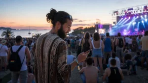 Festival visitor checking mobile data at a Croatian event.