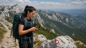 Hiker checking an offline map in Croatia's Velebit mountains.