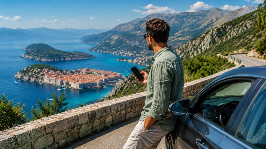 Traveler using an eSIM during a Croatia to Montenegro road trip