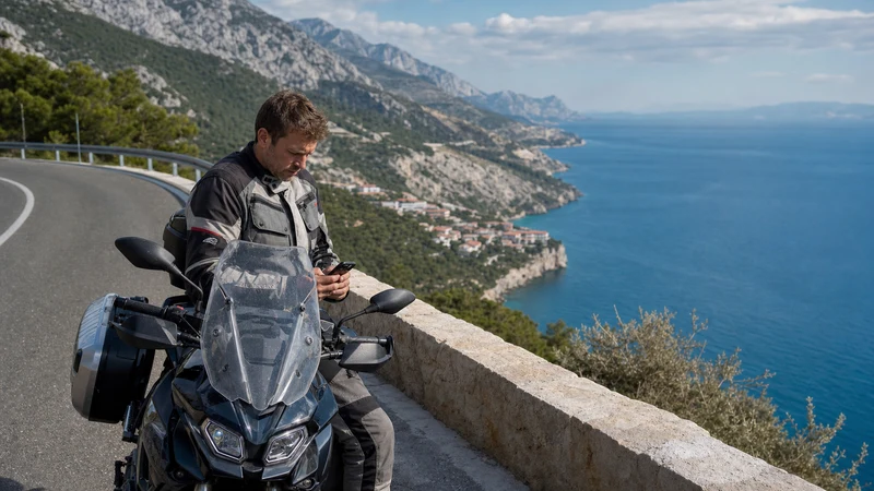 Motorcycle traveller checking a phone at an Adriatic viewpoint.