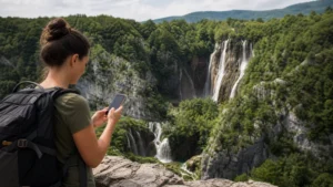Visitor checking a phone at a Croatian national park viewpoint.