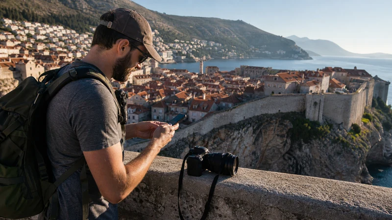 Travel photographer checking mobile data above Dubrovnik.