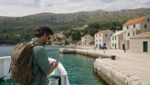 Traveller arriving at a remote Croatian island harbour.