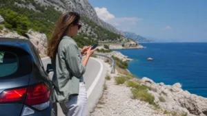 Traveller checking offline navigation beside a parked car in Croatia.