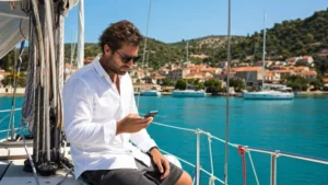 Sailor checking mobile data near a Croatian island marina.