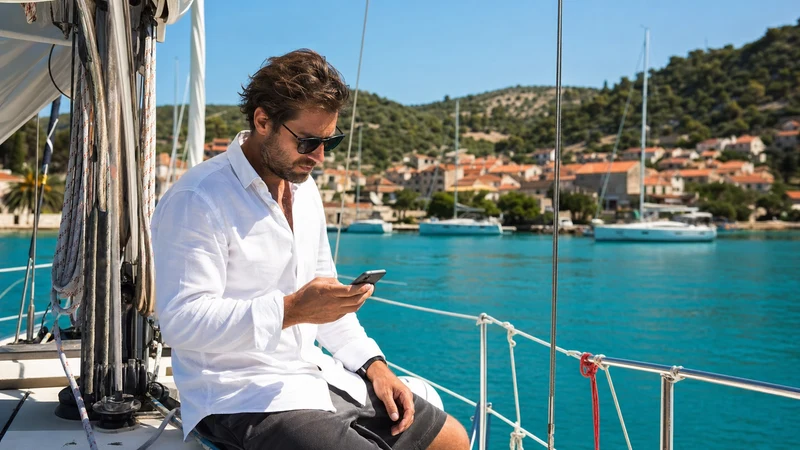 Sailor checking mobile data near a Croatian island marina.