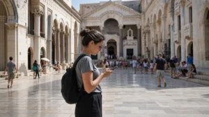 Solo traveller checking a phone in a busy Split square.