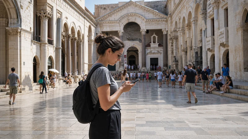 Solo traveller checking a phone in a busy Split square.