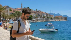 Summer traveller using mobile data on the Croatian coast.