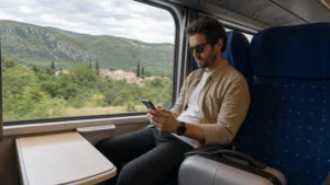 Traveller checking mobile data on a Croatian train.