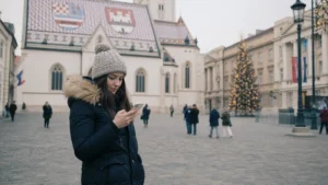 Winter traveller checking mobile data in Zagreb.