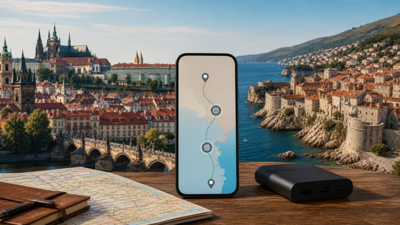 Smartphone with cross-border eSIM connectivity from the Czech Republic to Croatia.