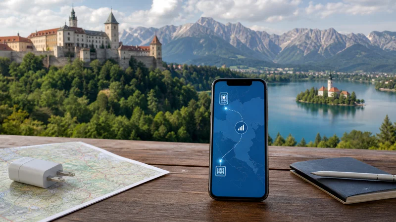 Travel phone showing eSIM connectivity between the Czech Republic and Slovenia.