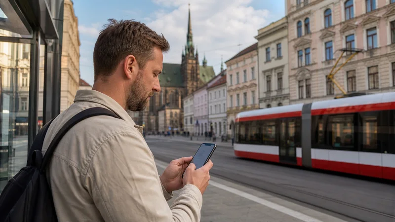 Traveller configuring a Czech Republic eSIM on an Android phone at a Brno tram stop.