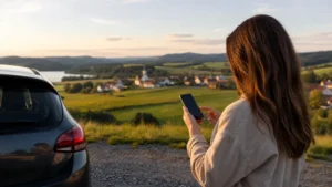 Traveller using an eSIM in the Czech countryside.