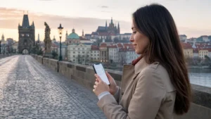 Traveller configuring a Czech Republic eSIM on an iPhone beside Prague's Charles Bridge.