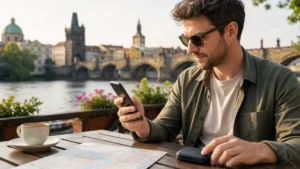 Traveller comparing an eSIM phone with a portable WiFi router in Prague.