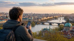 Traveller checking roaming settings beside the Prague skyline.