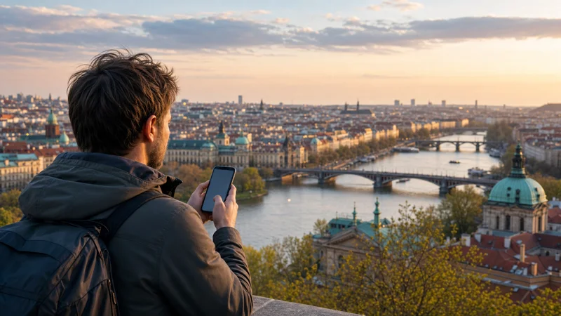 Traveller checking roaming settings beside the Prague skyline.