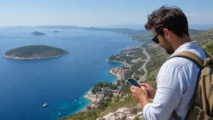 Traveller checking mobile data above the Dalmatian coast.