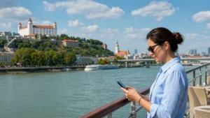 River-cruise passenger using a smartphone on deck as Bratislava appears along the Danube.