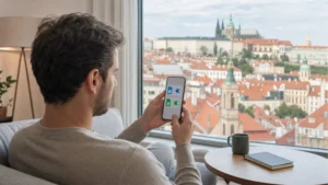Traveller reviewing dual-SIM data roaming settings in Prague.