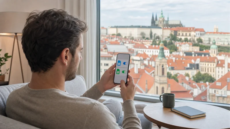 Traveller reviewing dual-SIM data roaming settings in Prague.