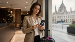 Traveller configuring data roaming for a Hungary eSIM in Budapest