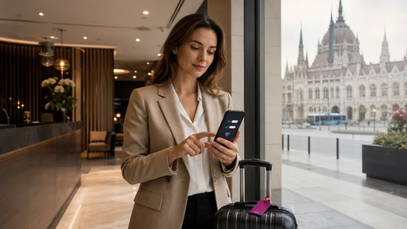 Traveller configuring data roaming for a Hungary eSIM in Budapest