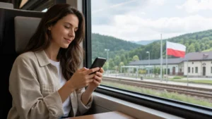 Traveller configuring Poland eSIM roaming aboard an international train.