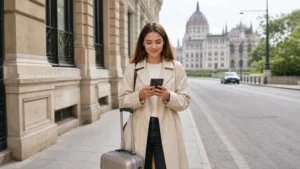 Traveller using a smartphone to arrange transport on a Budapest street