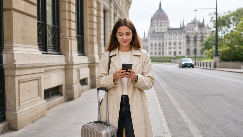 Traveller using a smartphone to arrange transport on a Budapest street
