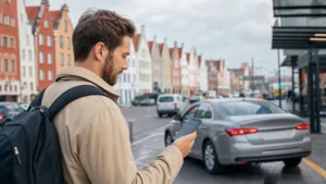 Traveller checking the Bolt app near a city pickup point in Poland.