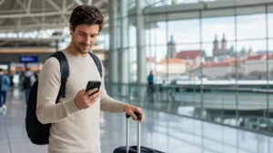Traveller checking an installed eSIM after arriving in Prague.