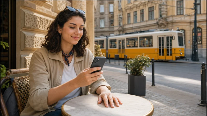 Traveller checking a Hungary eSIM on a smartphone beside a Budapest tram