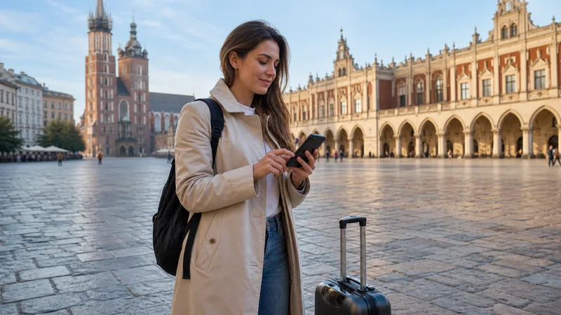 Traveller setting up an eSIM in Kraków Main Market Square Poland.